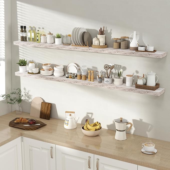 72 Inch Floating Shelves for Wall 2 Pack, 72" Wall Shelves for Books, Storage, Decor, Wall Mounted Floating Shelf with Invisible Brackets for Kitchen, Living Room, Rustic