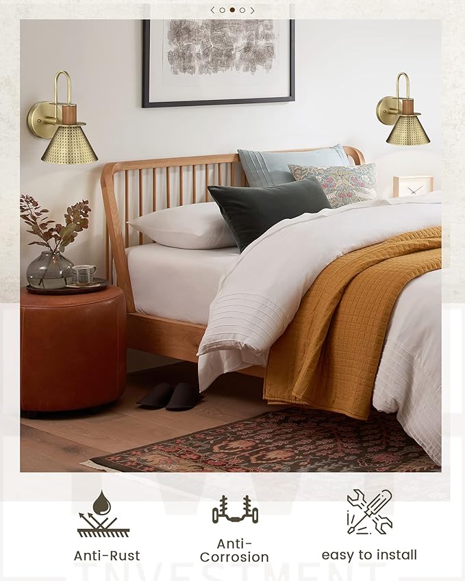 Brass Wall Sconces Set of Two, HWH Industrial Wall Light Fixtures Gold Barn Light, Single Wall Lamp for Bedroom Bedside Bathroom Kitchen, Hammered Metal Shade, Antique Brass, 5HZG74B-2 BG