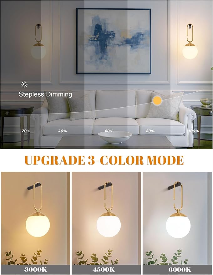 Battery Operated Wall Sconces Set of 2, Black & Gold Wireless Hanging Opal Glass Globe Wall Lamp with Touch & Remote, 12 RGB Colors & 3 Color Modes, Rechargeable Dimmable Wall Light for Bedroom