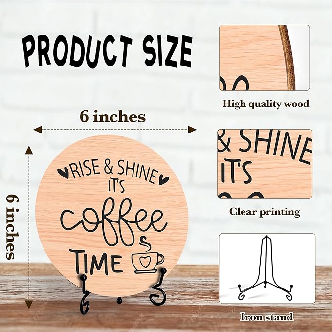 Coffee Desk Decor Sign, Farmhouse Wood Plaque, It Is Coffee Time Wood Sign, Cafe Lover Gifts, Decor For Home Kitchen Table Top, Wooden Round Decorations With Stand-16