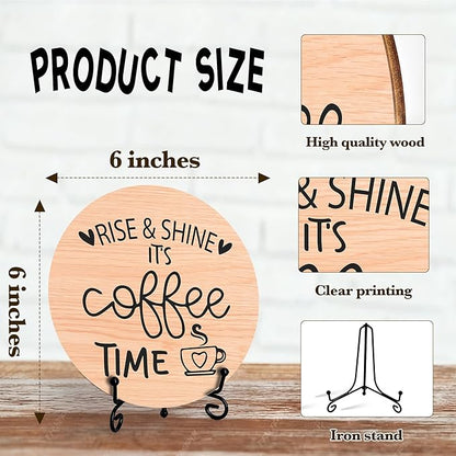 Coffee Desk Decor Sign, Farmhouse Wood Plaque, It Is Coffee Time Wood Sign, Cafe Lover Gifts, Decor For Home Kitchen Table Top, Wooden Round Decorations With Stand-16