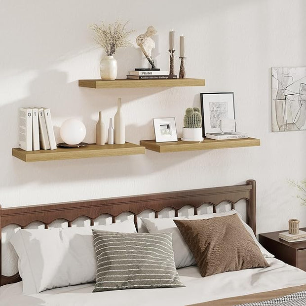 Fun Memories 12 Deep Floating Shelves for Wall | 30W x 12D Large Floating Shelves | 3 Pack Storage Space Wall Mount Shelf for Living Room Bathroom Toilet Laundry Room Kitchen Home Office - Oak