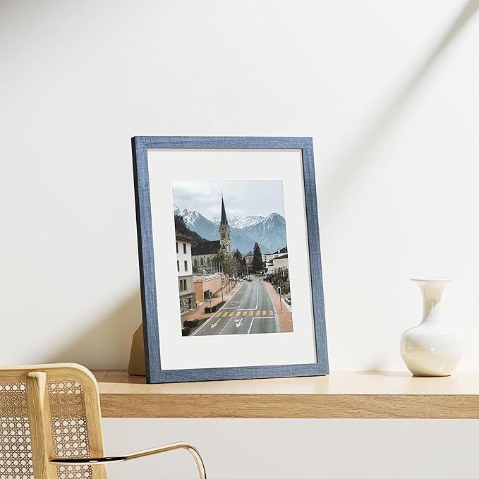 Vittanly 11x14 Picture Frames Set of 9, Shatter Resistant Plexiglass, Display 8x10 Pictures with Mat or 11x14 without Mat, Photo Frames for Wall or Tabletop, Engineered Wood, Navy