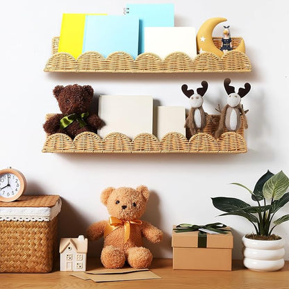 Pinkunn 4 Pcs Nursery Book Shelves 23.6 Inch Rattan Scalloped Floating Bookshelves Wicker Boho Book Shelf for Wall Mounted Decor Nursery Rooms Hanging