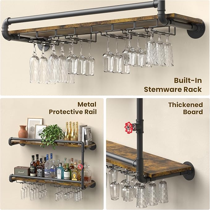 Merapi Industrial Wall Mounted Wine Rack - 2 Tier Floating Bar Shelf with Integrated Dual Glass Holder, Rustic Pipe Design Liquor Storage for Kitchen, Heavy Duty Metal & Wood Construction