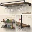 Merapi Industrial Wall Mounted Wine Rack - 2 Tier Floating Bar Shelf with Integrated Dual Glass Holder, Rustic Pipe Design Liquor Storage for Kitchen, Heavy Duty Metal & Wood Construction
