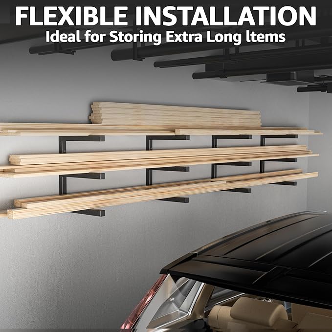 YYR Wood Organizer and Lumber Storage Rack Wall Mount, Heavy Duty Metal Shelf with 6-Level Holds Up 1200 LBS, Indoor & Outdoor Use - Black
