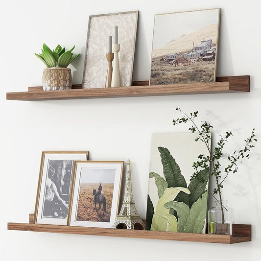 Picture Ledge Shelf, Floating Shelves Set of 2, 36 Inches Nursery Book Shelves for Toys Storage, Kids Bookshelf Wall Mounted for Living Room Bedroom Decor Books Photo Frames, Walnut