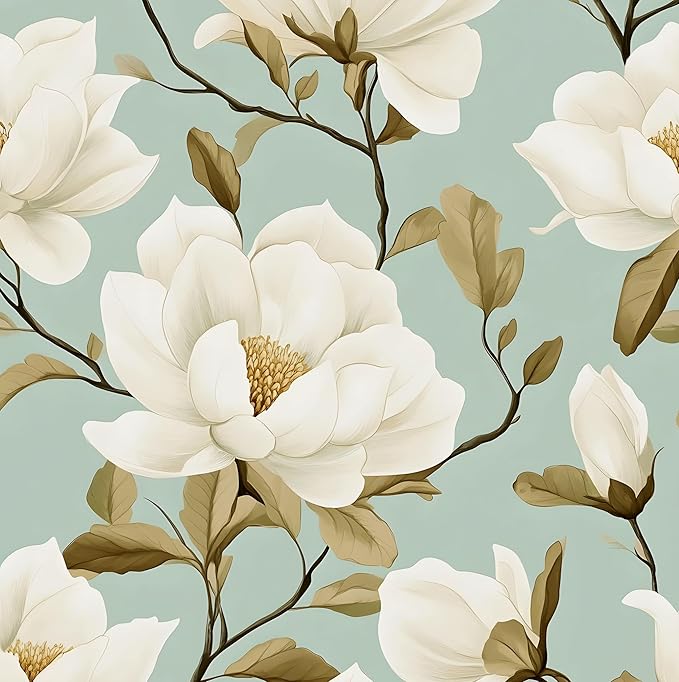 Modern Green White Flowers Wallpaper Blue Floral Peel and Stick Contact Paper 17.5"X118" Vinyl Waterproof Self Adhesive Removable Boho Modern Botanical Wall Paper for Bedroom Walls Cabinet Locker