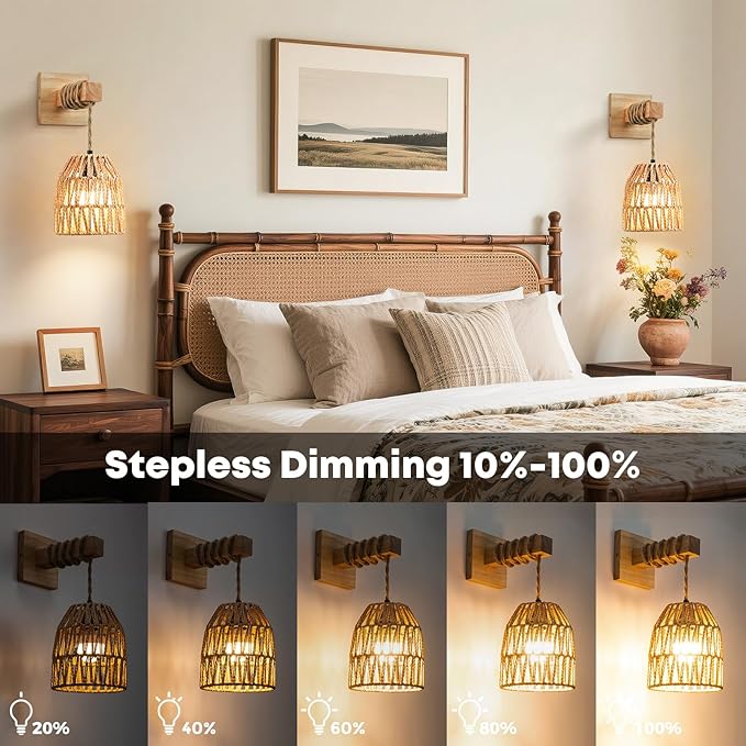 Rattan Wall Sconce, Battery Operated Wall Sconce, Rechargeable Sconces Set of 2 with 13000mAh Bulbs, Boho Wireless Battery Powered Lamp/Lights for Bedroom (Wood)
