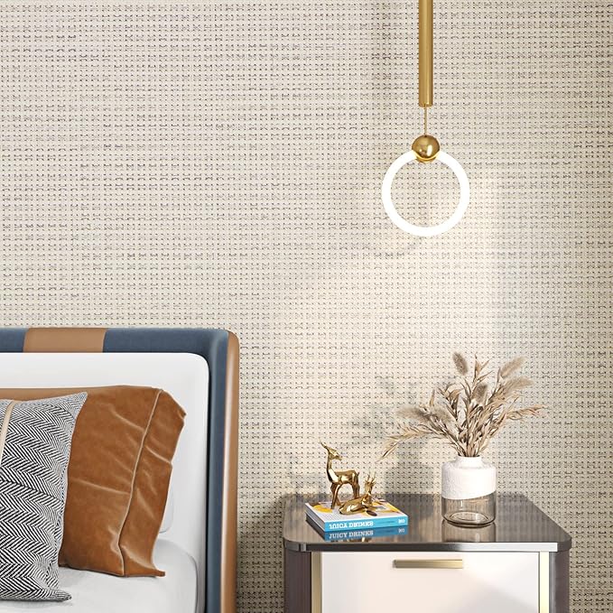 FunStick Beige Wallpaper Stick and Peel for Bedroom Waterproof Grasscloth Peel and Stick Wallpaper Textured Geometric Wall Paper Self Adhesive Beige Contact Paper for Cabinets Walls Shelves 12"x200"
