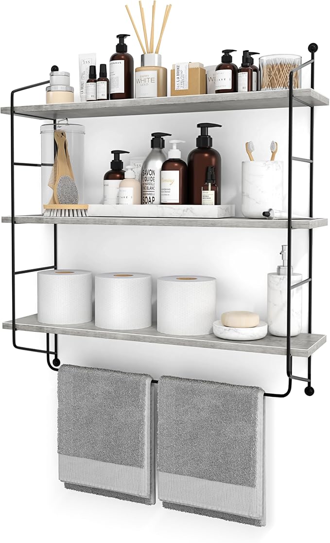 Sorbus 3-Tier Floating Bathroom Shelves for Wall - Wood Wall Storage for Towels, Over The Toilet Storage Cabinet, Gaming Floating Shelves, Bathroom Accessories, and Home Decor (Gray)