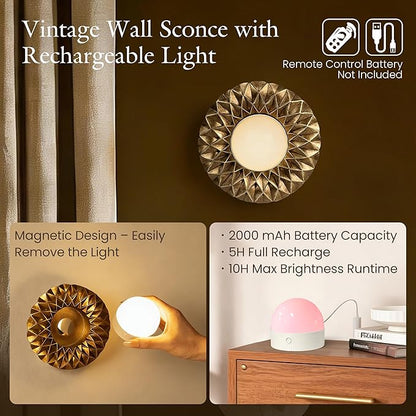 AELS Battery Operated Wall Sconces Set of 2, Vintage Gold Wireless Wall Lights with 3 Color Temps & Dimmable RGB Mode, Rechargeable with Detachable LED Bulbs & Remote for Bedroom Living Room，Geometric