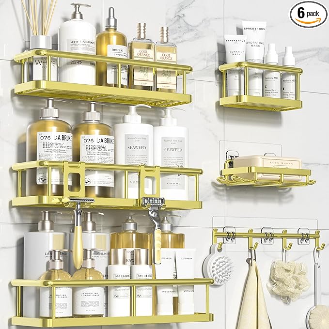 YASONIC Shower Caddy, 6 Pack Large Capacity Bath Organizer with Soap Holder and 12 Hooks, Rustproof Shower Shelves for Inside Shower, No Drilling&Sleek Bathroom Organizers and Storage Gold