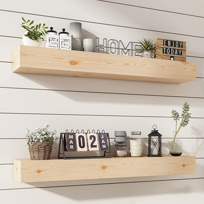 Wall Floating Shelves, Rustic Wood Shelf for Wall Mounted - Wooden Handmade Shelves for Bathroom Kitchen Livingroom - No Stain - DIY(Unfinished, 36 Inch - 2 Pack)