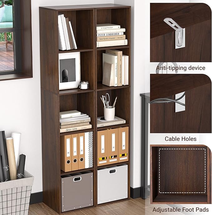 5 Cube Storage Organizer, 5 Tier Cube Low Bookcase Freestanding Storage Display Organizer, Three-Cubes Open Shelf Bookshelf for Home Office (Dark Brown,Black Walnut, 5-Cube)
