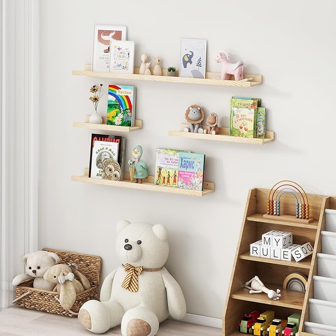 Picture Ledge Shelf for Wall, 16 inches Solid Pine Wood Nursery Book Shelves 3 Packs, Floating Ledge Shelves for Kids' Room Bedroom Bathroom Living Room Photo Frames Office Nursey Wall Decor, Natural
