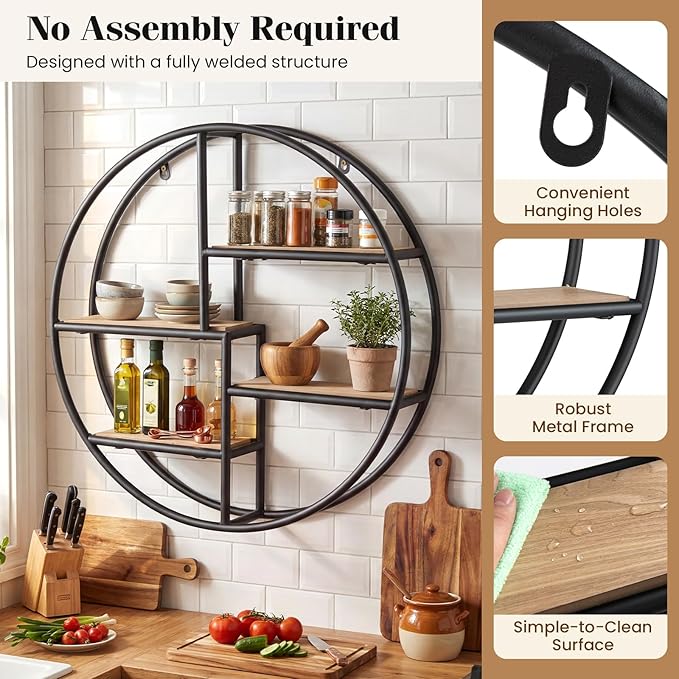 Giantex Industrial Style Round Wall Shelves, 4-Tier Decorative Circle Metal and Wood Wall Shelf for Display & Storage, Modern Geometric Wall Mounted Display Organizer for Living Room, Bedroom, Study