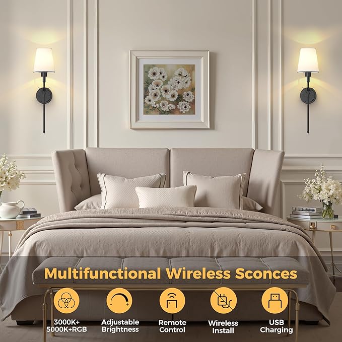 DORESshop Battery Operated Wall Sconce Set of 2, Wireless Wall Light Easy to Install, 7 Color Rechargeable Wall Sconces, Sconce Wall Decor Set of 2 for Bedroom, Living Room, Matte Balck, 24.3in