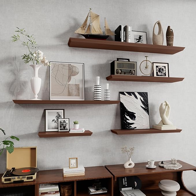 Fun Memories Floating Shelves 48 Inch Long, 9.3 Inch Deep Classic Crown Molding Floating Shelves for Wall, Rustic Wooden Shelves for Wall Decor Bathroom, Kitchen, Office, (Walnut, 1Pack)