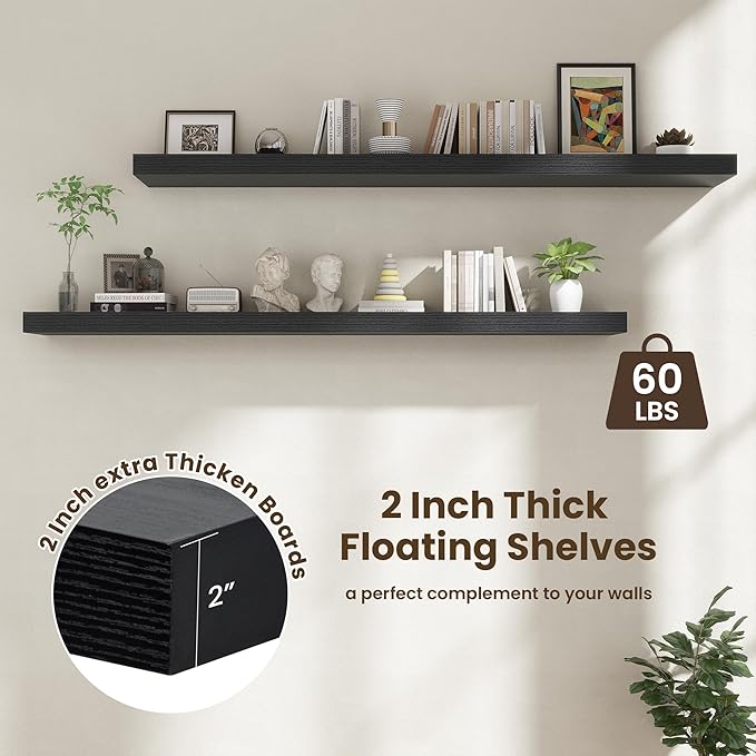 72 Inch Floating Shelves | 12 Inch Deep Black Floating Shelves Set of 2 | 72" W x 12" D Rustic Black Wood Wall Shelves for Bathroom Living Room Kitchen Laundry Room