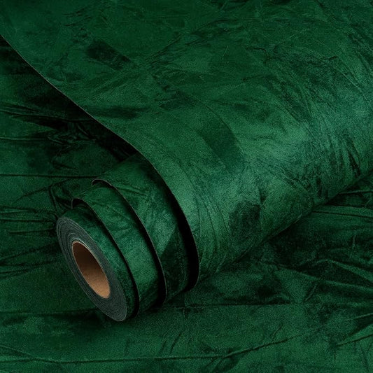 YENHOME Emerald Green Peel and Stick Wallpaper 17.7"X118" Green Wallpaper Stick and Peel Vintage Felt Fabric Wall Paper for Bedroom Velvet Flocking Liner Velvet Contact Paper for Cabinets