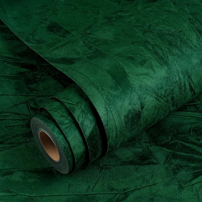 YENHOME 30"X393" Dark Green Velvet Wallpaper Peel and Stick Vintage Green Wallpaper for Bedroom Velvet Wall Paper Peel and Stick Textured Contact Paper Self Adhesive Felt Sheet Roll