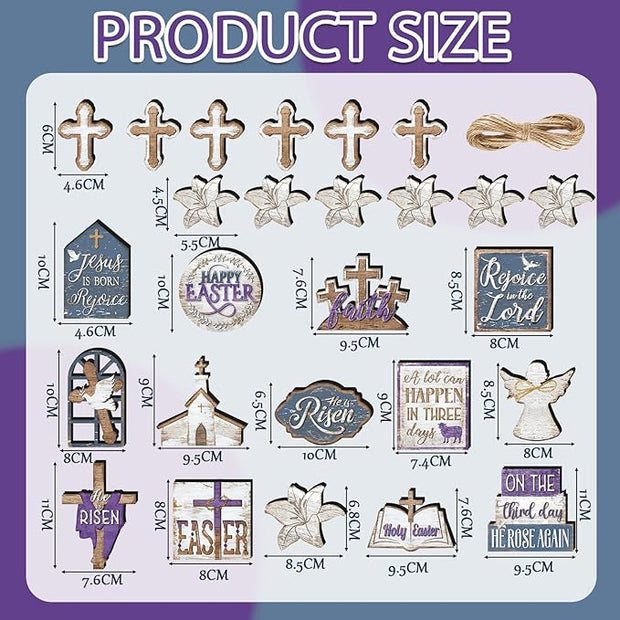 Amyhill 29 Pcs Religious Easter Tiered Tray Decor Christian Easter Decorations He is Risen Cross Lily Purple Wooden Signs Rustic Farmhouse Spring Table Decor for Home Kitchen Shelf