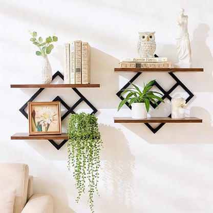 Set of 2 Floating Shelves Farmhouse Wall Shelves 2-Tier Decorative Hanging Shelves Wall Mounted Bathroom Shelves Wooden Wall Decor Shelf (Dark Brown)