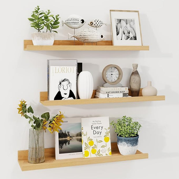 Axeman Picture Ledge Shelf | 24 Inch Oak Floating Shelves Set of 3 | Rustic Wood Wall Shelves with Lip | 24" Oak Picture Shelf for Wall with Ledge | Photo Shelves