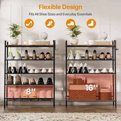 5 Tier Shoe Rack, Shoe Rack for Front Door Entrance with Hook, Shoe Organizer with Adjustable Mesh Shelves, Metal Shoes Rack for Entryway, Closet, Bedroom Living Room Garage
