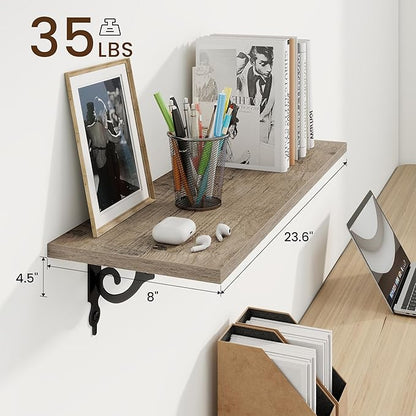 RICHFOCUS Floating Shelves for Wall Decor, 24Inch Shelves Set of 2, 24W x 8D Floating Shelves Wall Mounted with Metal Brackets, Rustic Wood Shelves for Living Room Bedroom Kitchen, Grey