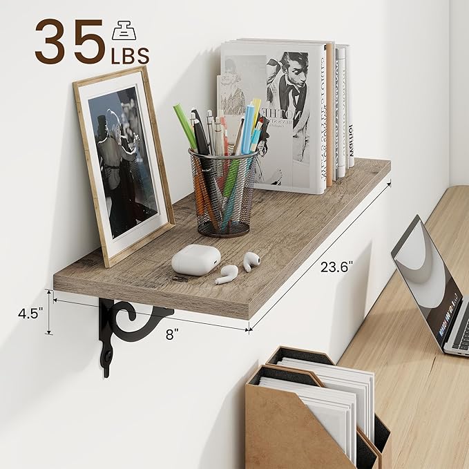 RICHFOCUS Floating Shelves for Wall Decor, 24Inch Shelves Set of 2, 24W x 8D Floating Shelves Wall Mounted with Metal Brackets, Rustic Wood Shelves for Living Room Bedroom Kitchen, Grey
