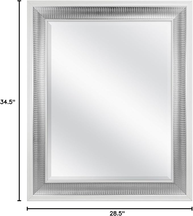 MCS 28.5x34.5 Large Wall Mirror, White Frame with Woven Silver Detail & Beveled Detail Mirror, Vertical & Horizontal Wall Hanging Mirror for Bathroom, Bedroom & Livingroom
