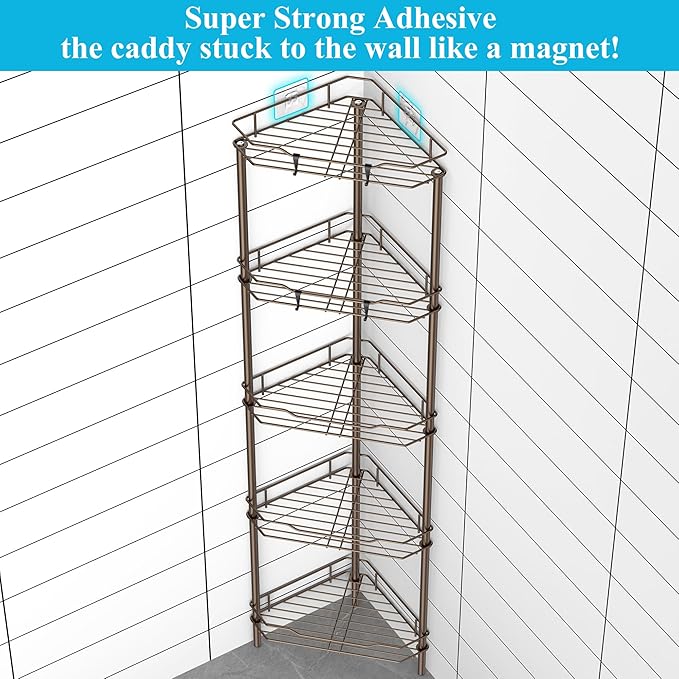 5 Tier Floor Standing Corner Shower Caddy Organizer Shelf with Hooks, Bathroom Shelves Stand Rack, Bronze