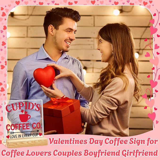 Valentines Coffee Desk Decor, Valentine's Day Gifts for Lover Bar Station, Valentine Home Office Table Sign for Kitchen Shelf Tiered Tray, Cafe Tabletop Decoration to Couples, Coffee Co Love