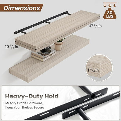 Heimlove Floating Shelves for Wall 48 Inch Long,Extra Large and Thick Wood Shelves Mounted Storage Hanging Shelf Invisible Bracket for Bedroom,Living Room,Kitchen,Office,Grey
