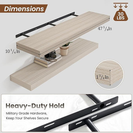 Heimlove Floating Shelves for Wall 48 Inch Long,Extra Large and Thick Wood Shelves Mounted Storage Hanging Shelf Invisible Bracket for Bedroom,Living Room,Kitchen,Office,Grey