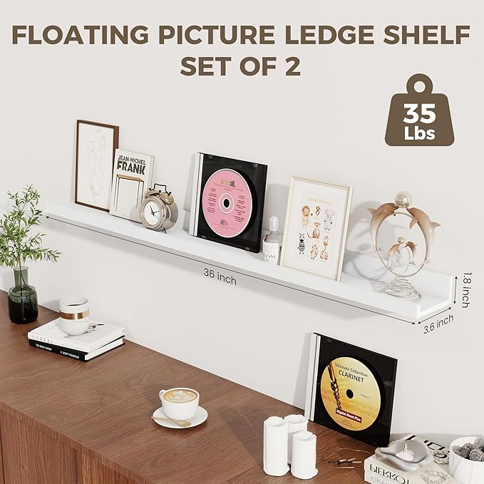 Axeman 36 Inch Floating Shelves | Picture Ledge Shelf Set of 2 | White Wall Shelves with Lip | White Picture Shelf for Wall with Ledge | Photo Ledges 36 Inch
