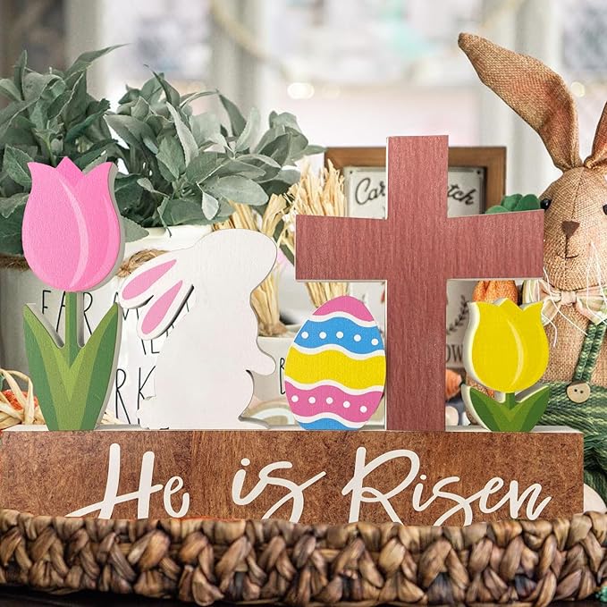 He is Risen Wood Block Table Sign Wooden Bunny Tulips Cross Table Top Decorations Tiered Trays Desk Shelf Easter Home Office Coffee Bar Decor 6 Pieces