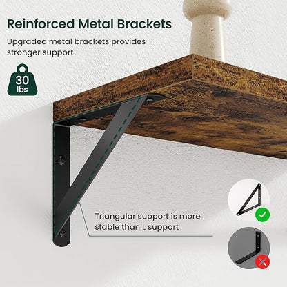 Floating Shelves, 8 Inch Deep Rustic Wood Wall Storage, 16W x 8D Wall Shelves Set of 2, Heavy Duty Metal Brackets, Industrial Book Shelf for Living Room, Kitchen, Bathroom, Bedroom, Brown