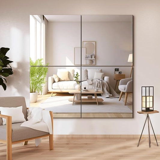 Delma Frameless Mirror Tiles 22"x22"x4 Pcs Wall Mounted, Shatter Resistant Full Length Tempered Glass Panels for Home Gym Bathroom Bedroom & Living Room Decor