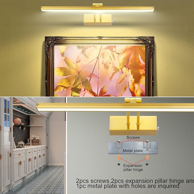 Picture Light,5000mAh Rechargeabl Art Lights for Paintings,Remote 16" Display Accent Lighting with Timer and Dimmable for Wall,Frame,Portrait-Brass