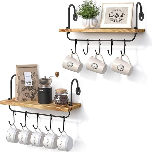 Olakee Floating Wall Shelves for Kitchen Bathroom Coffee Nook with 10 Adjustable Hooks for Mugs Cooking Utensils or Towel Rustic Storage Shelves Set of 2/17x5.9 inch (Carbonized Black)