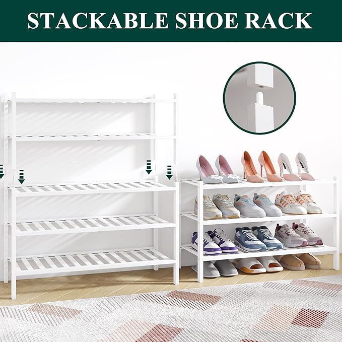 Smiry Bamboo Shoe Rack for Closet, 5 Tier Wooden Stackable Shoe Organizer, Free Standing Shoes Storage Shelf for Entryway, Front Door Entrance, White
