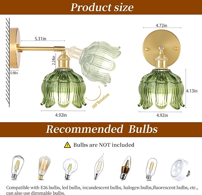 Vintage Battery Wall Sconce with Flower lampshade,Rechargeable Battery Powered Wall Lights,Wall lamp with 15 Colors for Bedroom Living Room Home Decor (Flower Green, 1 Light Battery Operated)