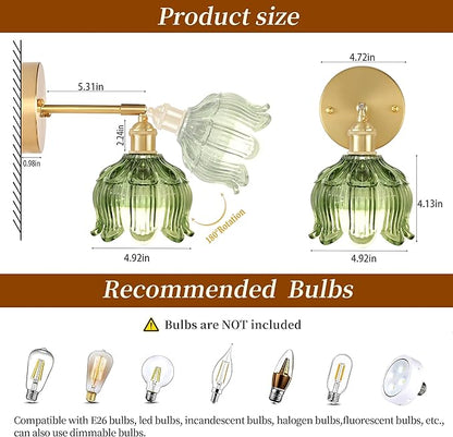 Vintage Battery Wall Sconce with Flower lampshade,Rechargeable Battery Powered Wall Lights,Wall lamp with 15 Colors for Bedroom Living Room Home Decor (Flower Green, 1 Light Battery Operated)