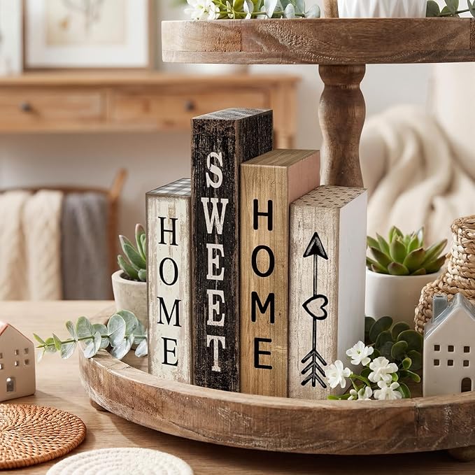 4 Pcs Farmhouse Table Decor Wooden Books Home Sweet Home Tiered Tray Decor Rustic Wood Block Sign Housewarming Gifts Neutral Centerpiece Farmhouse Stacked Decoration for Shelf Mantle