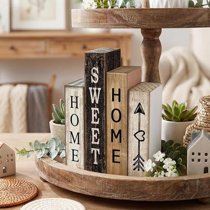 4 Pcs Farmhouse Table Decor Wooden Books Home Sweet Home Tiered Tray Decor Rustic Wood Block Sign Housewarming Gifts Neutral Centerpiece Farmhouse Stacked Decoration for Shelf Mantle