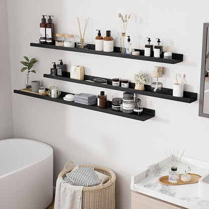 RICHFOCUS Floating Shelves for Wall, 55 inch Solid Wood Picture Ledge Shelf for Wall Storage, Nursery Book Shelves with Lip for Living Room Bathroom Bedroom Kitchen, Set of 3, Distressed Black